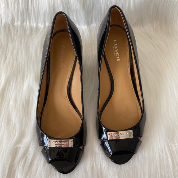 Coach Black Patent "Palace" Peep Toe Wedge Sz 7.5 - Picture 3 of 6